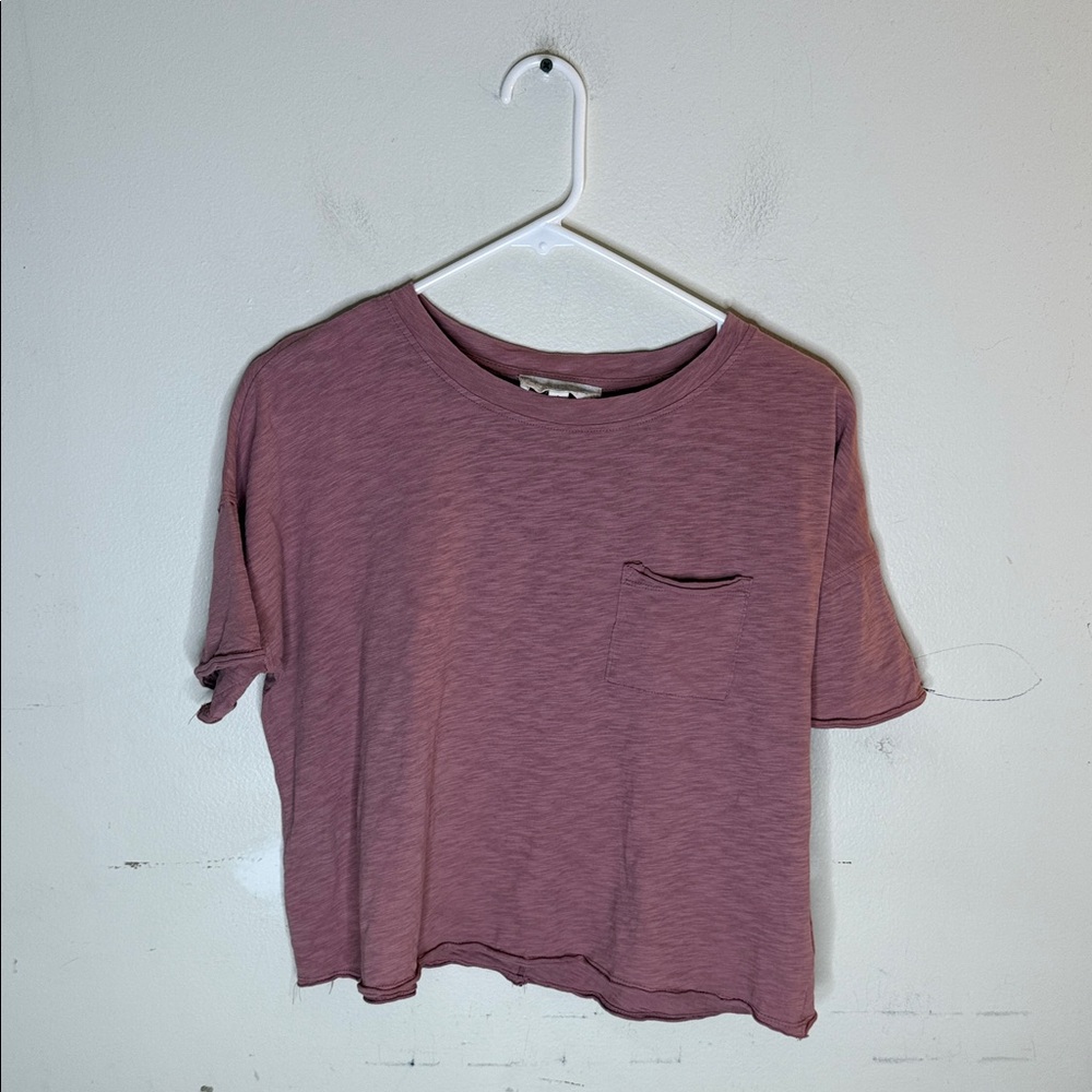 Pink Rose Mauve Cotton Short Sleeve Cropped Raw Hem Tee Size Large
